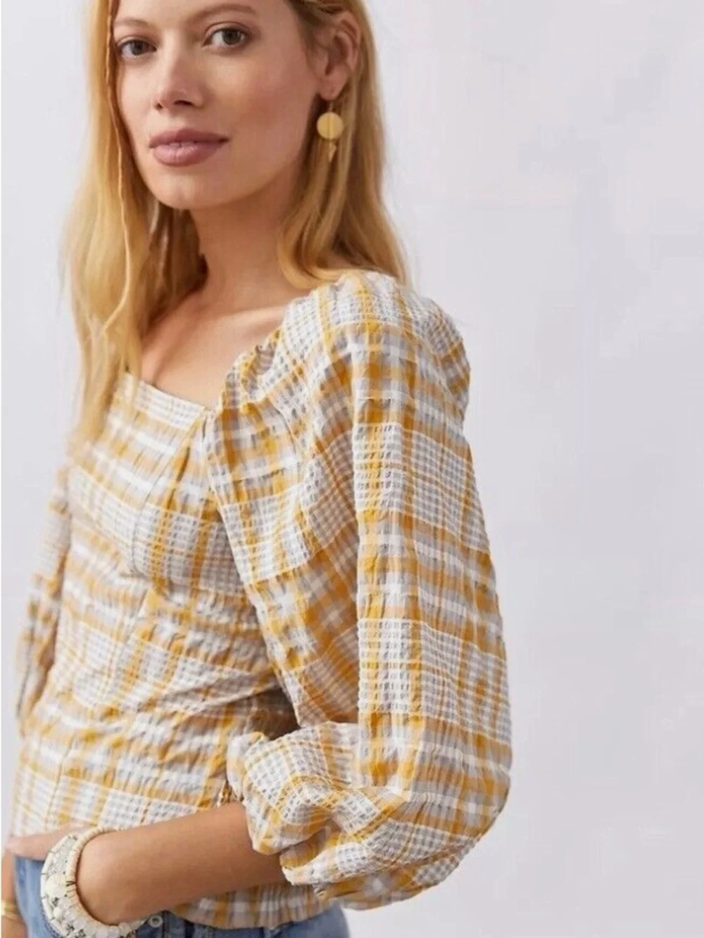 Anthropologie Maeve Plaid Square-Neck Blouse Sz M puff sleeves Casual Travel